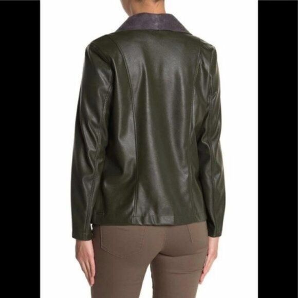 Tahari Faux Leather Moto Drape Wrap Jacket, Comfy Dark‎ Green, Size Small, NWT - Picture 4 of 12